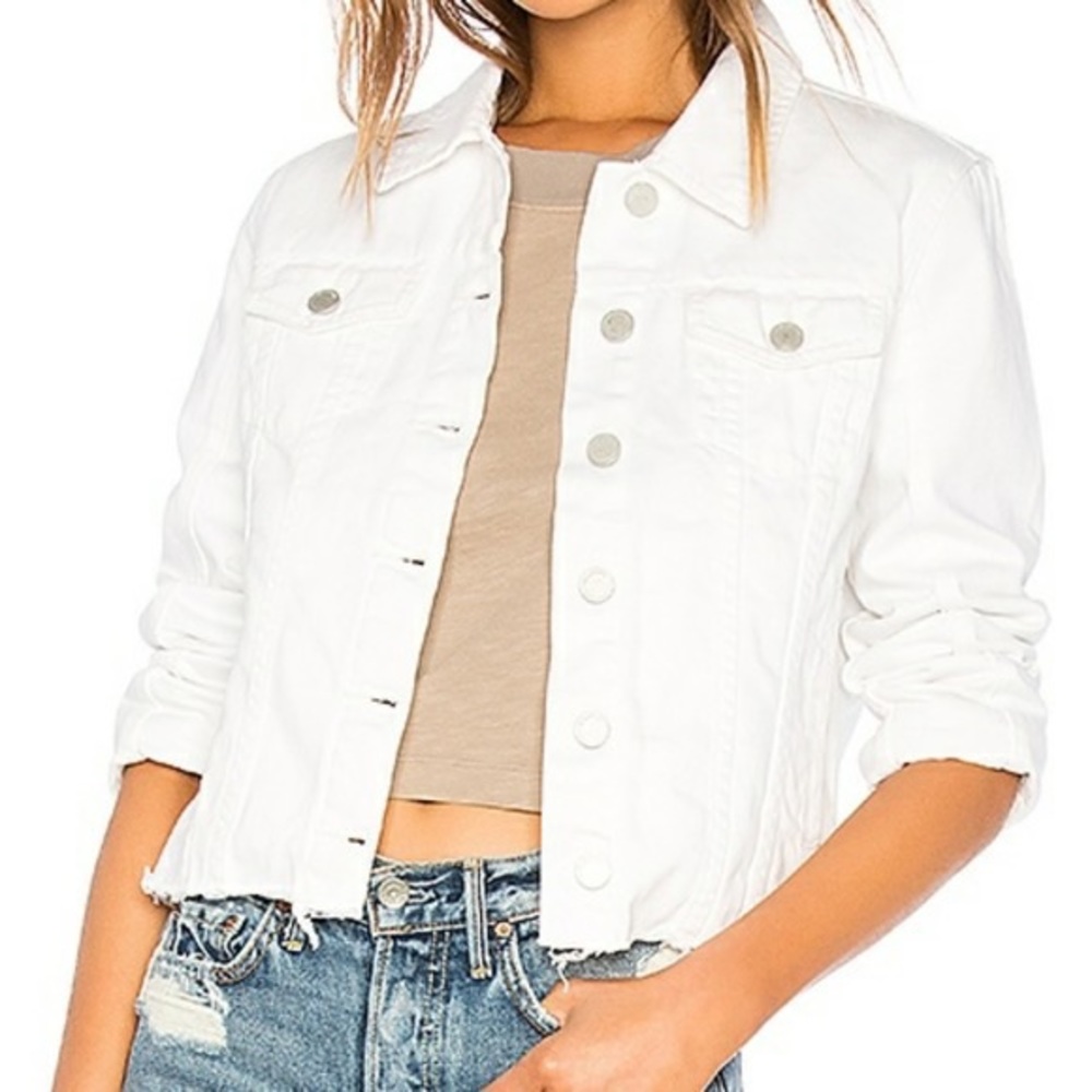 Blank NYC White Denim Jacket with a Distressed Hem
